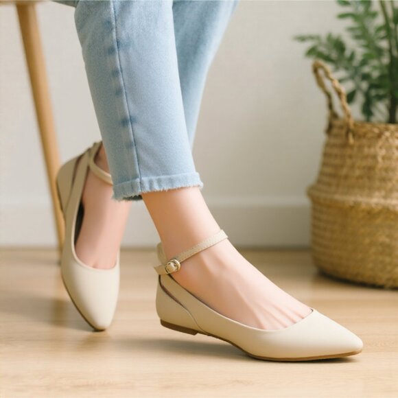 LURNYET Women's NUDE NUBUCK Casual Ankle Strap Pointed Toe Ballet Flats Shoes - Picture 2 of 7